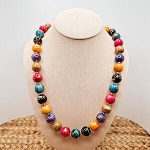 Vintage 80s 90s Multicolor Acrylic Beaded Necklace Magenta Teal Purple Retro 30"